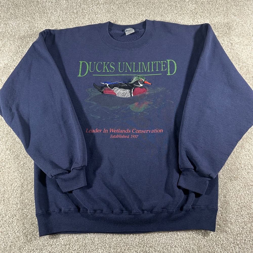 Vtg 90s Ducks Unlimited Sweatshirt Navy Blue Wood Duck Embroidered XL USA Made
